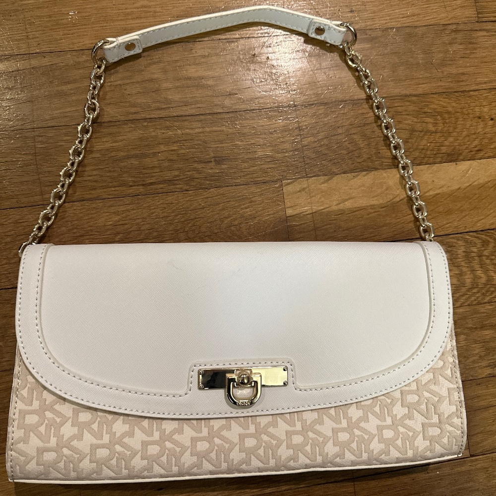 DKNY Donna Karan Purse White Leather Ivory Canvas Signature Shoulder Bag